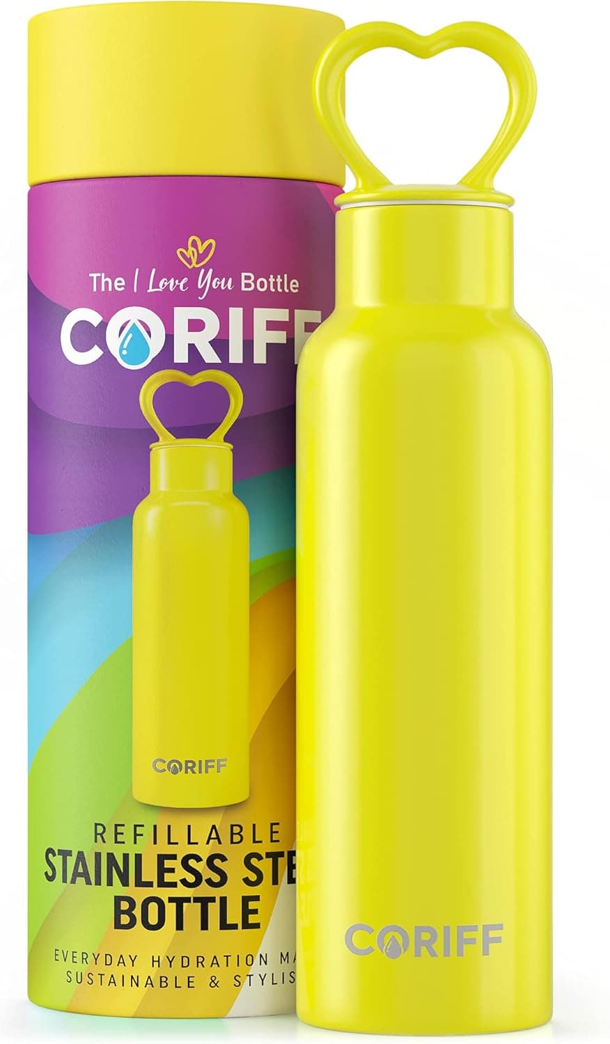 CORIFF Cute Girls Water Bottle with Heart-Shaped Lid, 20 oz., Triple Wall Insulated, BPA Free Stainless-Steel Metal, Coldest Portable Drink Tumbler for School, Gym, Yoga, and Travel (Yellow)