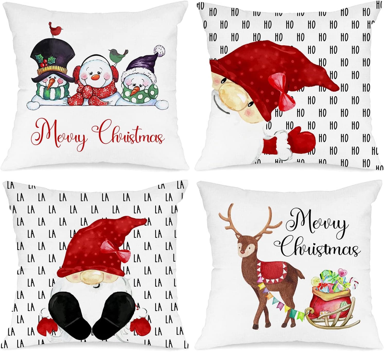 Lanpn Cute Merry Christmas Throw Pillow Covers 18x18 Set of 4, Decorative 18 inch Funny Xmas Gnome Reindeer Cushion Covers Pillow Cases for Home Bedroom Room Holiday Couch Decor Decorations
