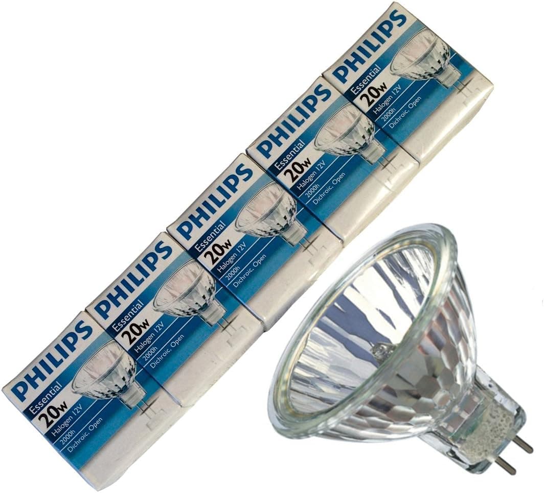 Philips Halogen Light Bulbs / Landscape Indoor or Outdoor Flood / Dimmable 20w Mr16 12v 2 Pin 36 Angle Gu5.3 Base (Pack of 5)