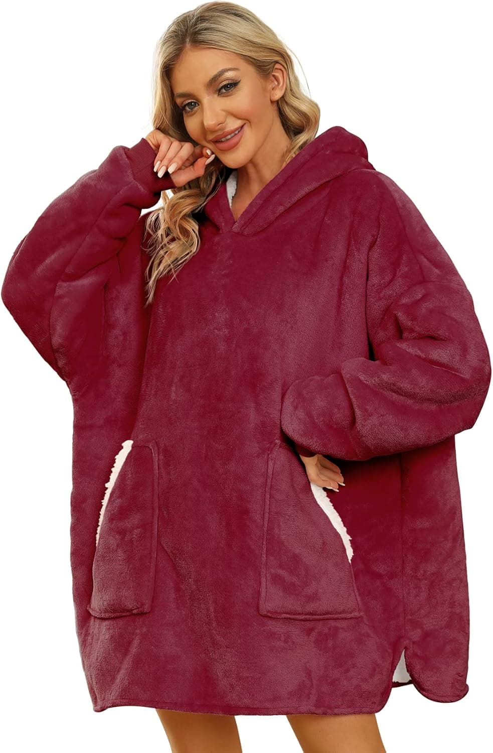 ANNAJOLLY Wearable Blanket Cozy Sherpa Fleece Blanket with Double Pocket Hoodie Sweatshirt Flannel Blanket for Women Men