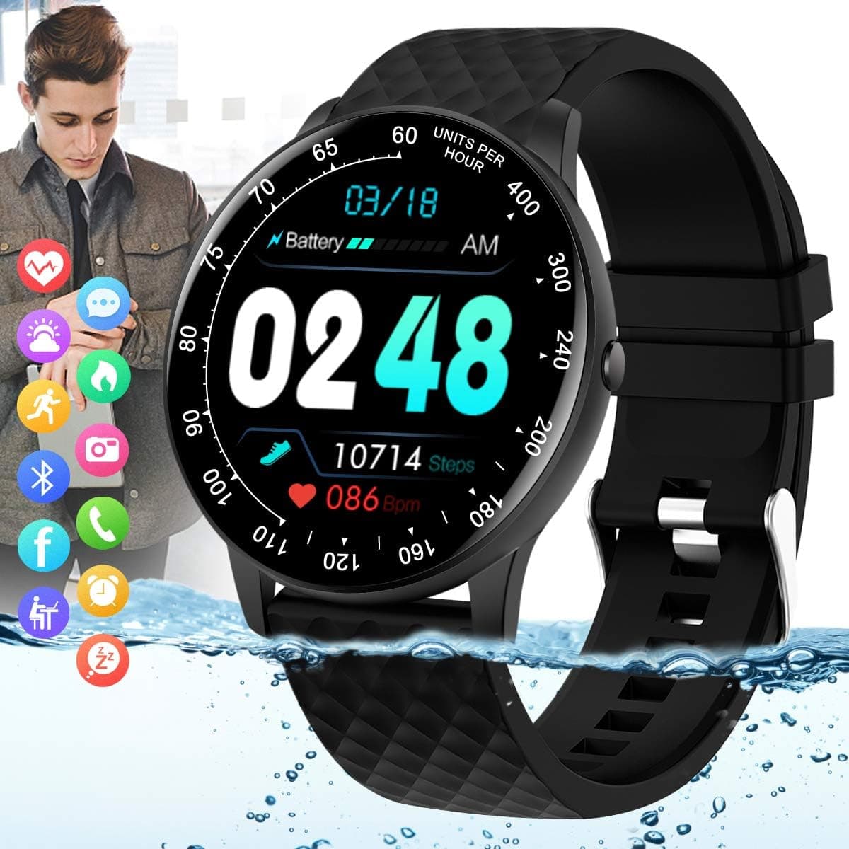 Peakfun Smart Watch,Fitness Watch with Blood Pressure Heart Rate Monitor IP67 Waterproof Bluetooth Smartwatch Android Phones Smart Watch Sports TrackerWatch for Android iOS Phones for Men Women Black