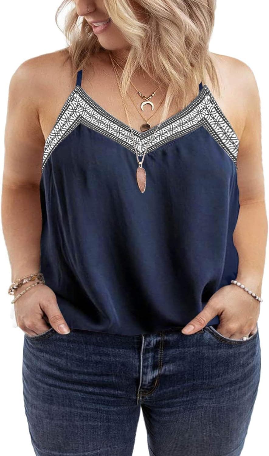 Happy Sailed Women Plus Size Lace Tops Camisole Spaghetti Strap V Neck Tank Summer Plus Tops