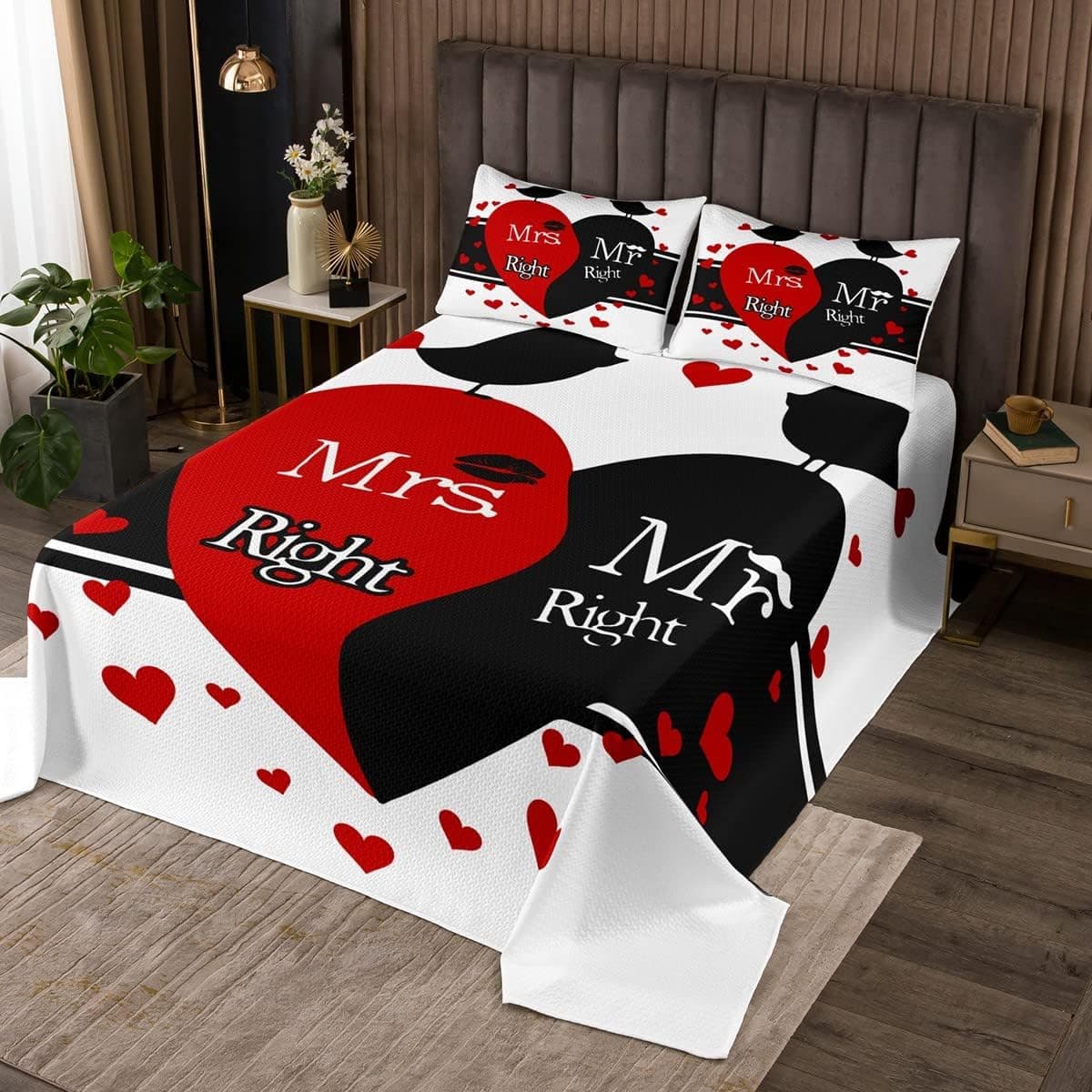 Feelyou Mr Mrs Quilt Set Creative Funny Quotes Bedspread for Men Women Couple Romantic Wedding Themed Coverlet Set Black Red Love Heart Quilted Bedroom Collection Room Decor King Size 3Pcs