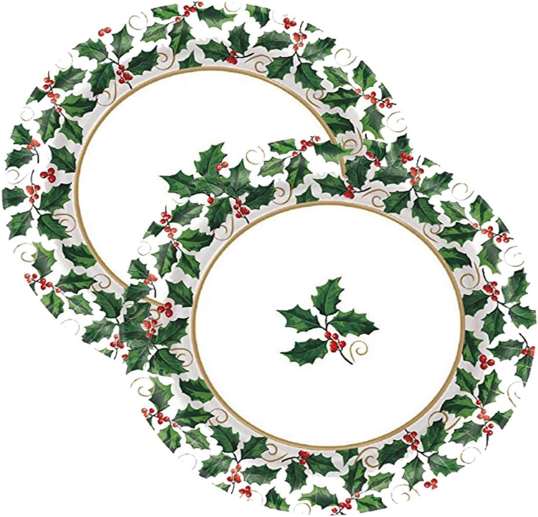 Amscan Small Seasonal Holly Paper Plates Christmas Party Disposable Party Value Tableware (80 Pieces), Green, 6 3/4".
