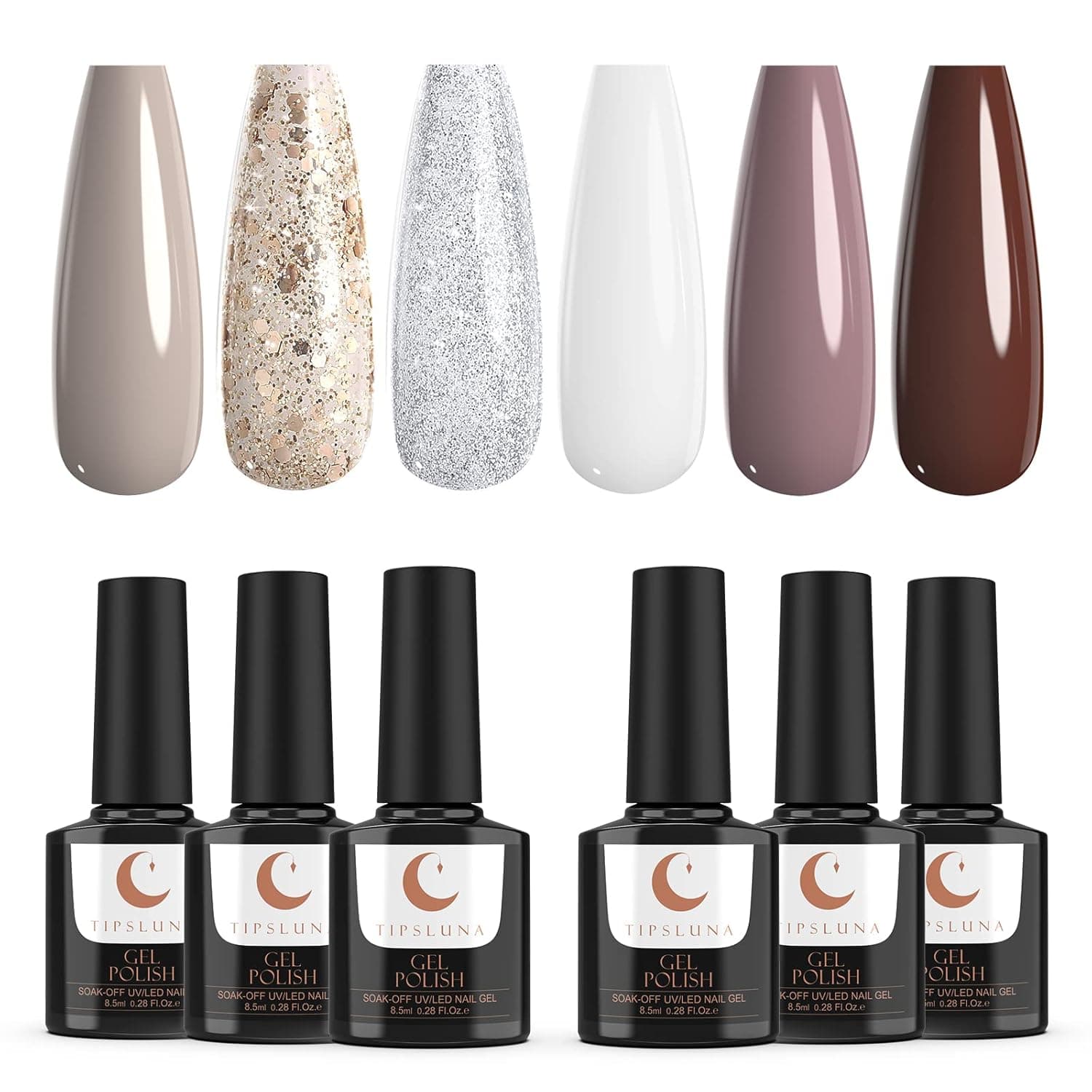 TipsLuna Gel Nail Polish Set, 6 Colors UV LED Gel Polish Kit All Seasons Brown Glitter Silver White Soak off DIY Manicure Gift for Girls - Fortune cookie