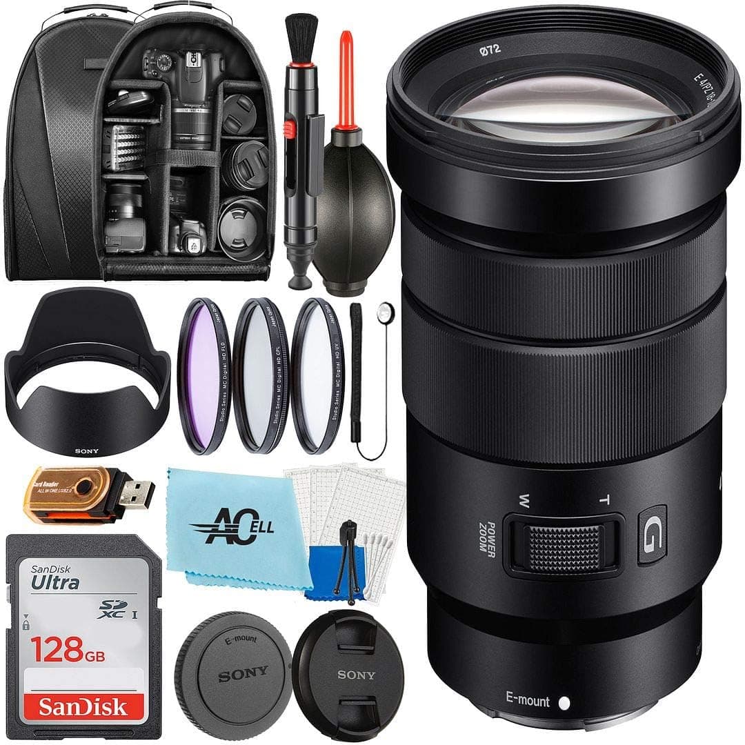 Sony SELP18105G - E PZ 18-105mm f/4 G OSS Power Zoom Lens with SanDisk 128GB Memory Card, Backpack, Hood, 3 pcs Filter and A-Cell Accessories Bundle