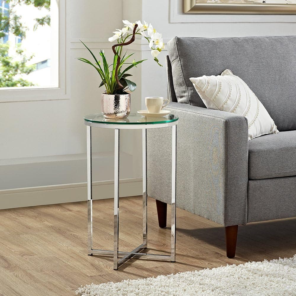 Home Accent Furnishings New 16 Inch Glass Top Round Side Table with Chrome Base