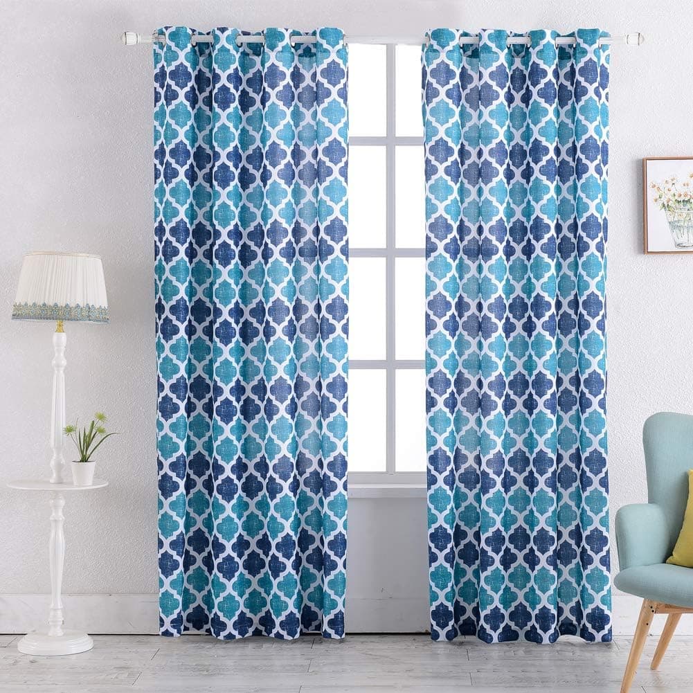 Print Curtains 63”Length for Living Room Lattice Geometric Pattern Kitchen Window Treatment Set for Bedroom(Blue, 2pcs)