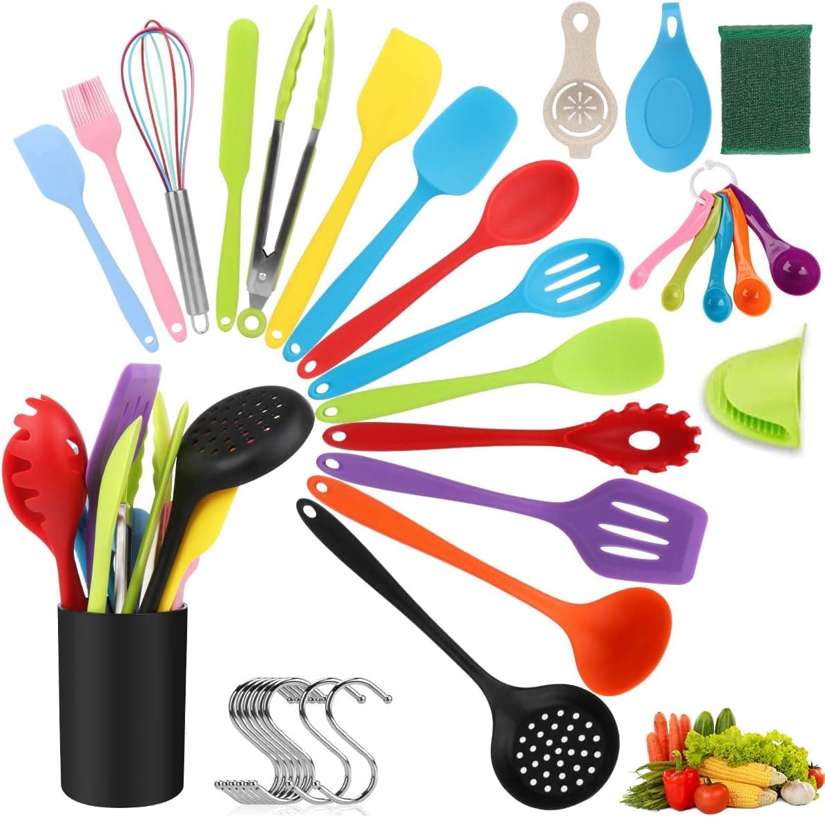 Silicone Kitchen Utensil Set, 34pcs Colorful Cooking Utensils with Holder, Heat Resistant Non-Stick Kitchen Gadgets Cookware Set - Turner, Whisk, Spoon, Brush, spatula, Pasta Fork