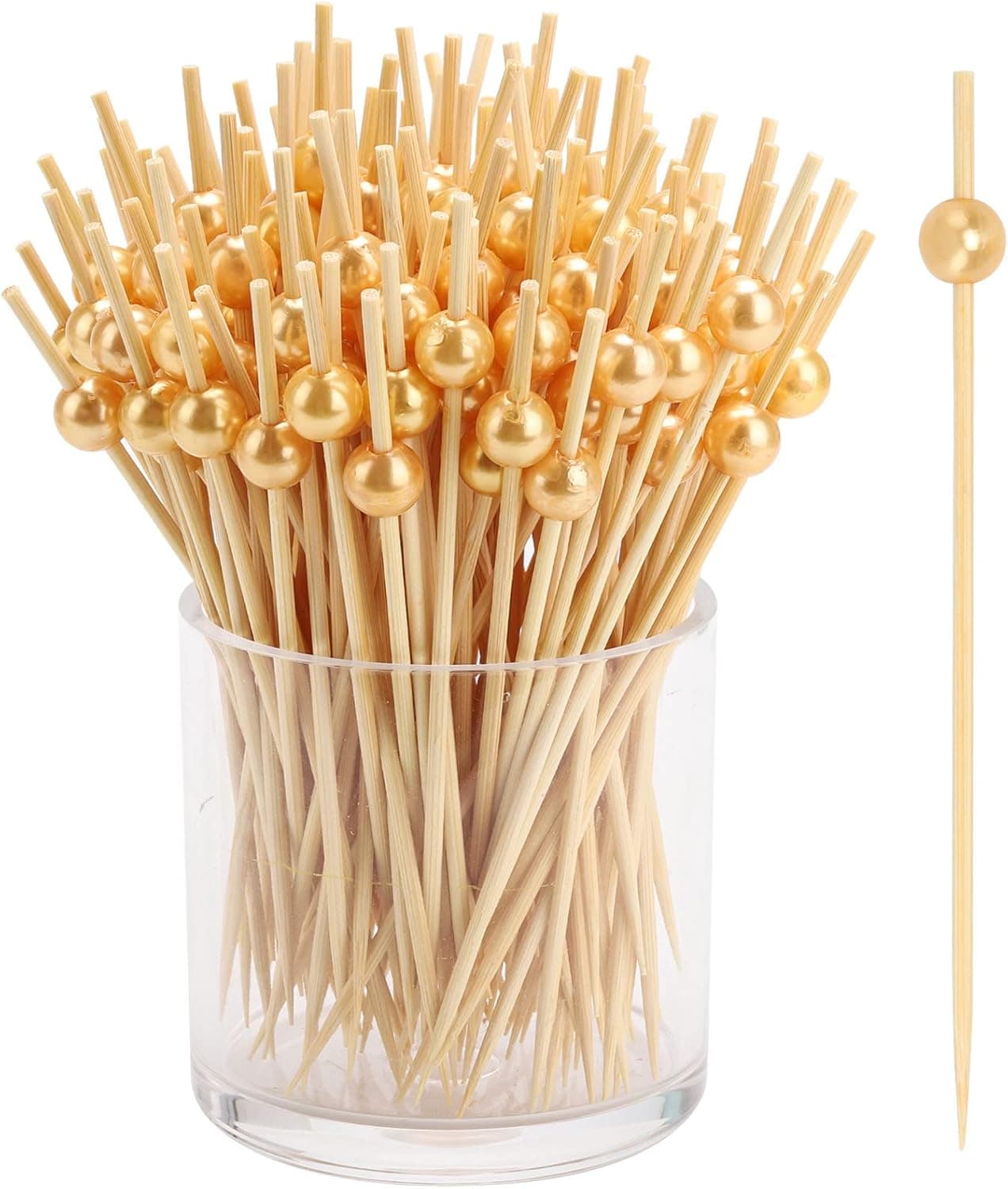 200 PCS Pearl Cocktail Picks 4.7" Pearl Bamboo Toothpicks Handmade Sticks Wooden Toothpicks Cocktail Sticks for Party Supplies (Yellow)