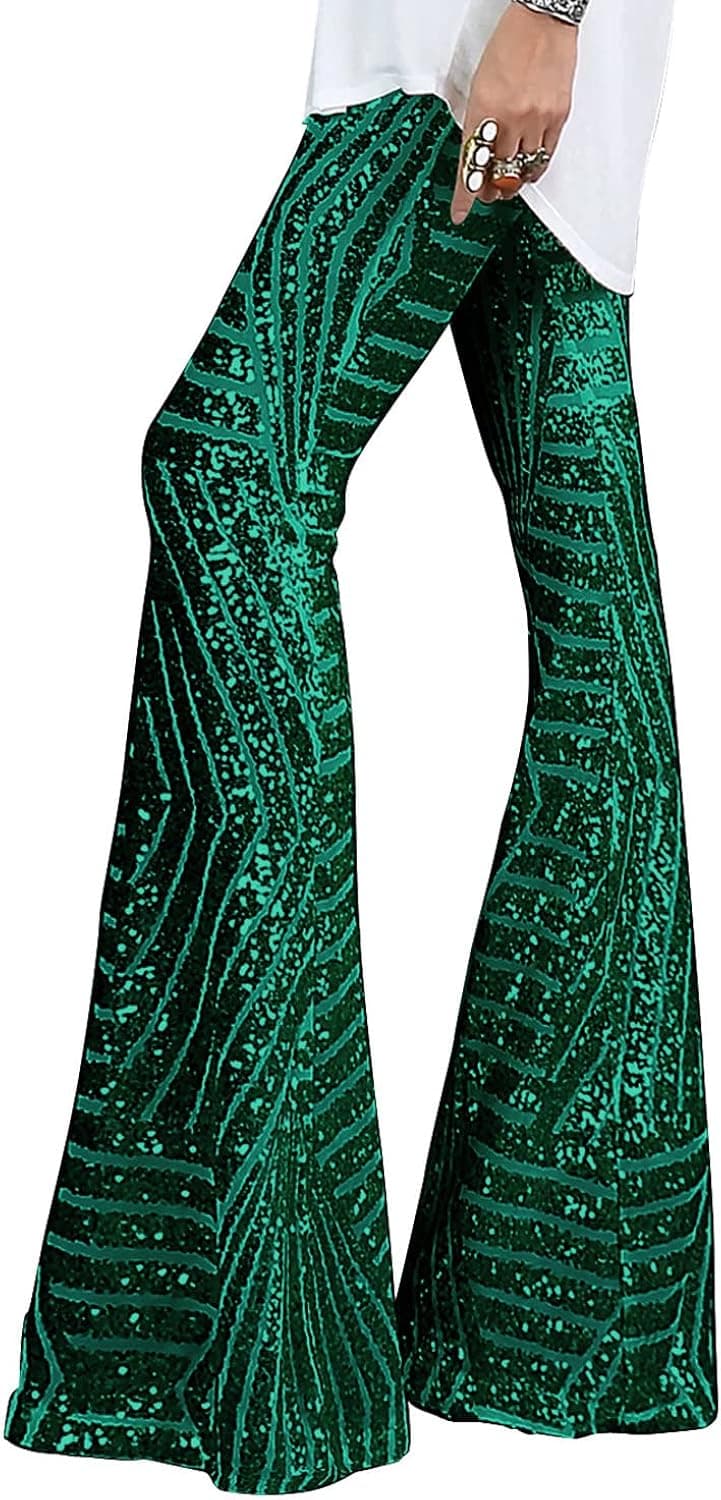 BLENCOT Sequin Pants for Women High Waist Bell Bottoms Glitter Wide Leg Palazzo Pants Night Club Sparkle Flared Trousers