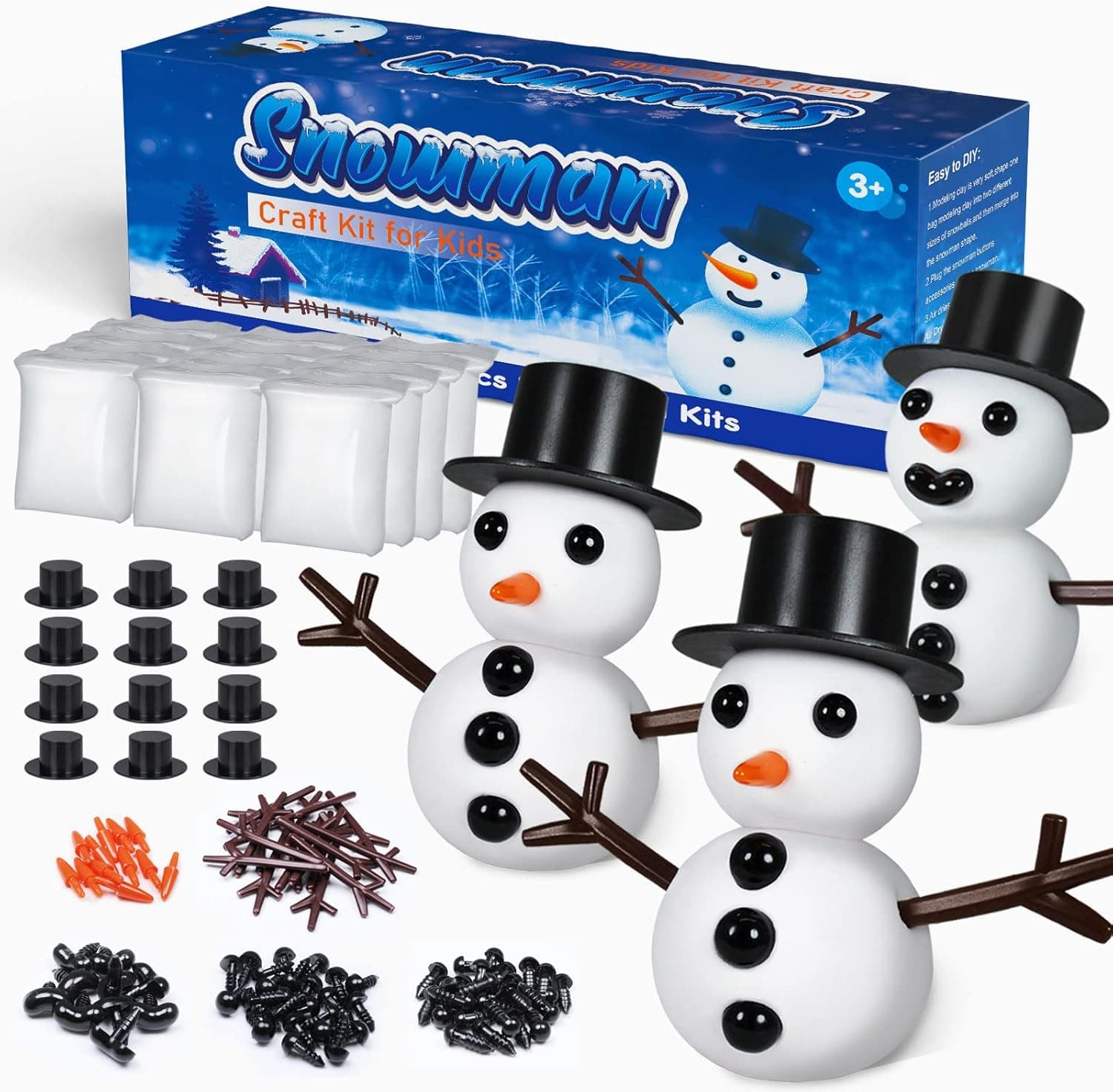 12 Sets Snowman Craft Kit for Kids, Build a Snowman Modeling Clay Kit Plus Christmas Snowman DIY Craft Buttons Kit,Soft & Ultra Light