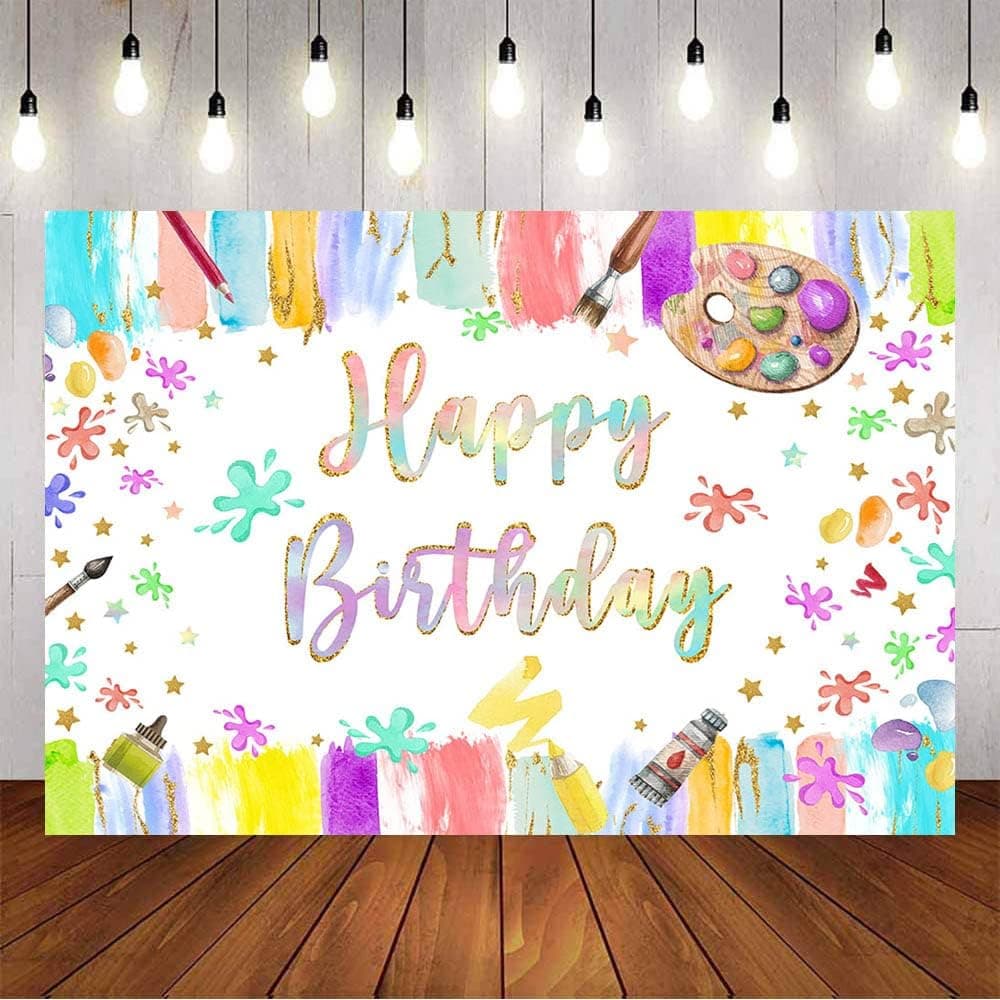 Aumeko Art Birthday Party Backdrop Rainbow Pastel Colorful Crayon Brush Painting Birthday Background Dress for a Mess Painting Splatter Cake Table Decorations