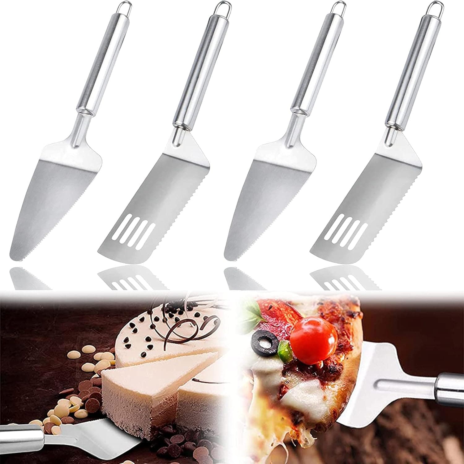 Pie Server Set of 4 Pieces, Stainless Steel Serrated Spatula and Cake Cutter Kitchen Tool with Comfortable Handle for Cutting and Serving Cake, Pizza, Pancake, Cheese