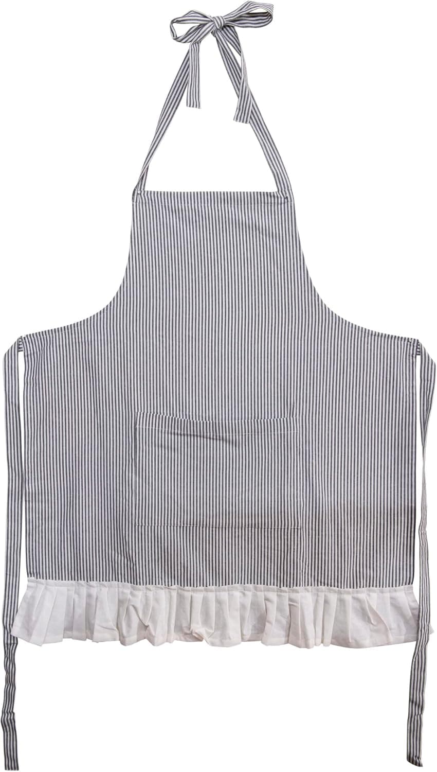 Creative Co-Op Cotton Woven Apron with Pocket and Ruffles, 32" L x 28" W, Black and Cream