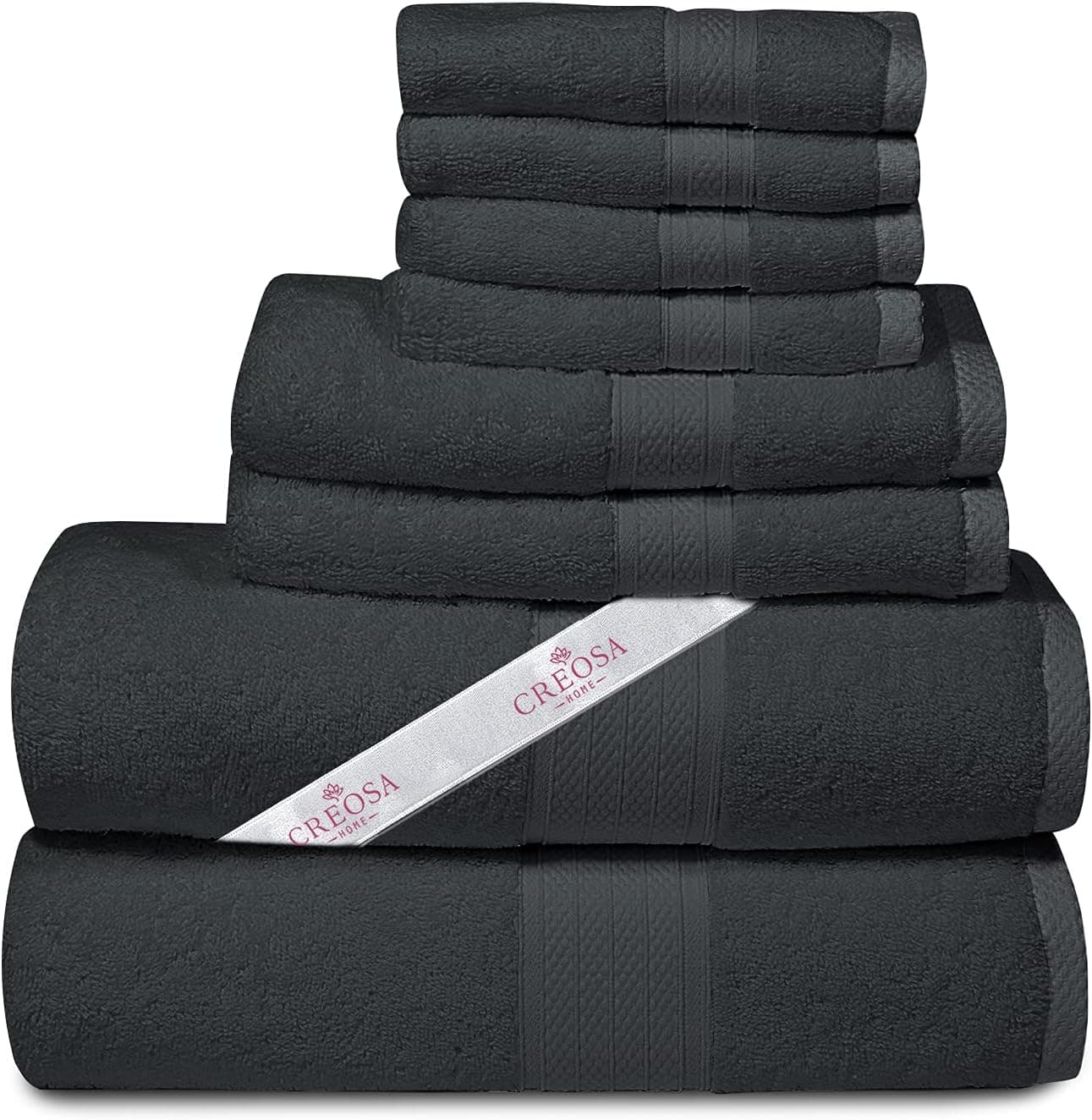 CREOSA Bath Towels Set of 8 Dark Grey, 100% Long Staple Ring Spun Combed Cotton Highly Absorbent Towels Includes 2 Hand Towels, 2 Bath Towels and 4 Wash Cloths for Bathroom