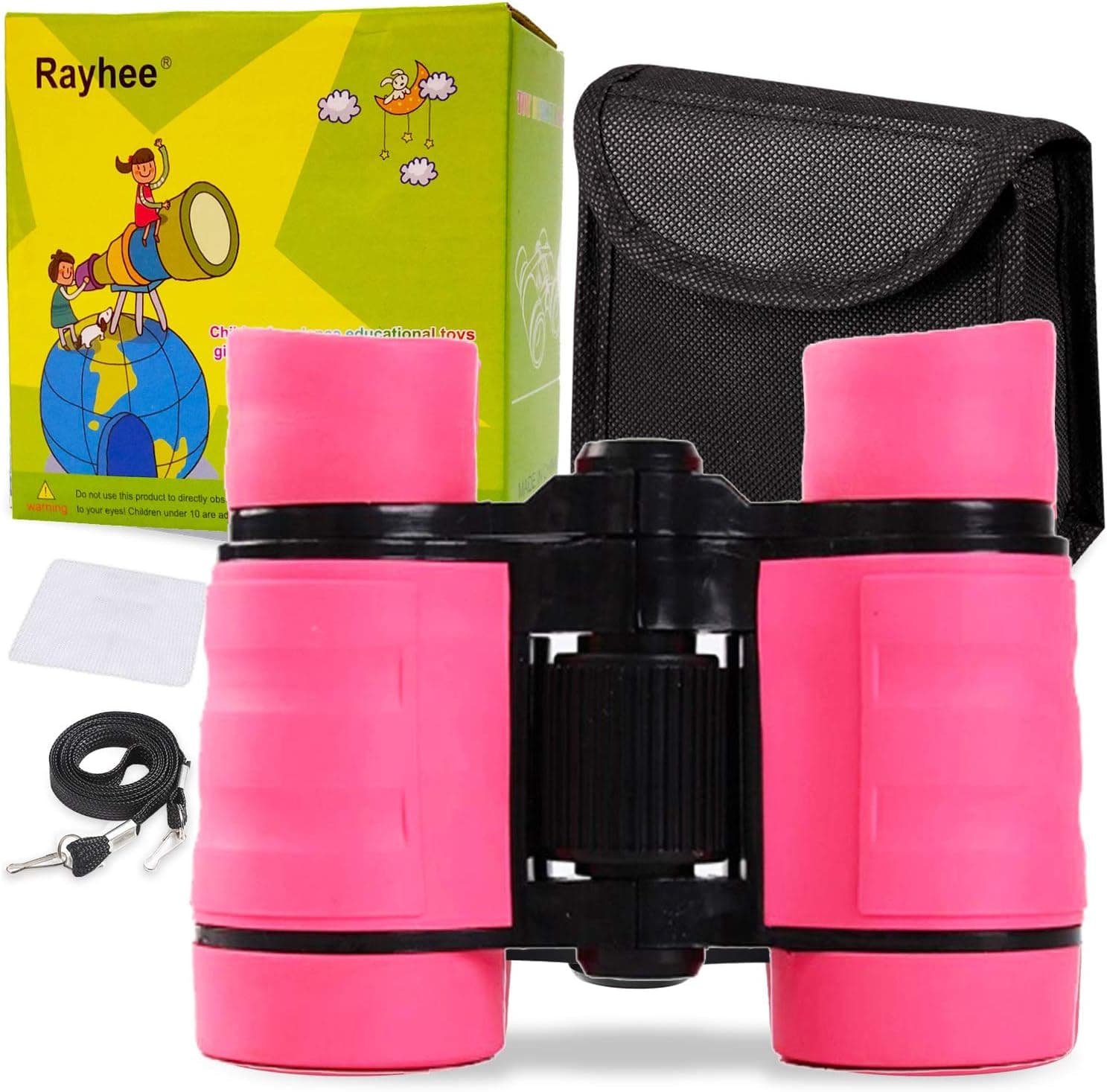 Rayhee Rubber 4x30mm Toy Binoculars for Kids - Bird Watching - Educational Learning - Hunting - Hiking - Birthday Presents - Gifts for Children - Outdoor Play (Pink)