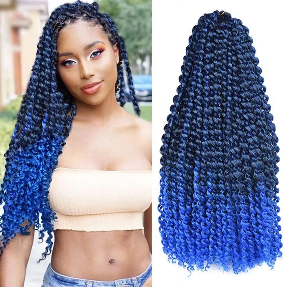 22inch Blue Water Wave Crochet Hair 7 Packs Ombre Blue Passion Twists Hair Synthetic Crochet Hair Long Bohemian Locs Braiding Hair Extensions (22" 7packs T1B/blue#)