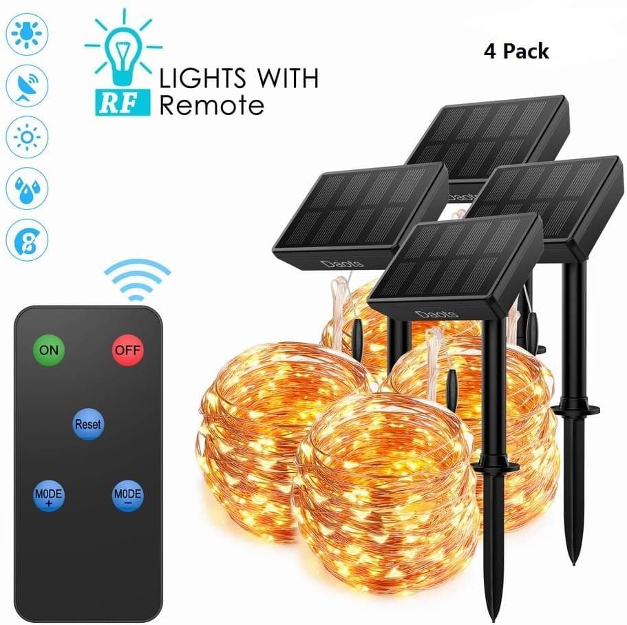 DAOTS Solar Powered String Lights with Remote, 100 LEDs 33 ft Copper Wire 8 Modes Fairy Lights, Outdoor Waterproof Decorative Lights for Christmas Garden Patio Party Tree Decor, Warm White Light
