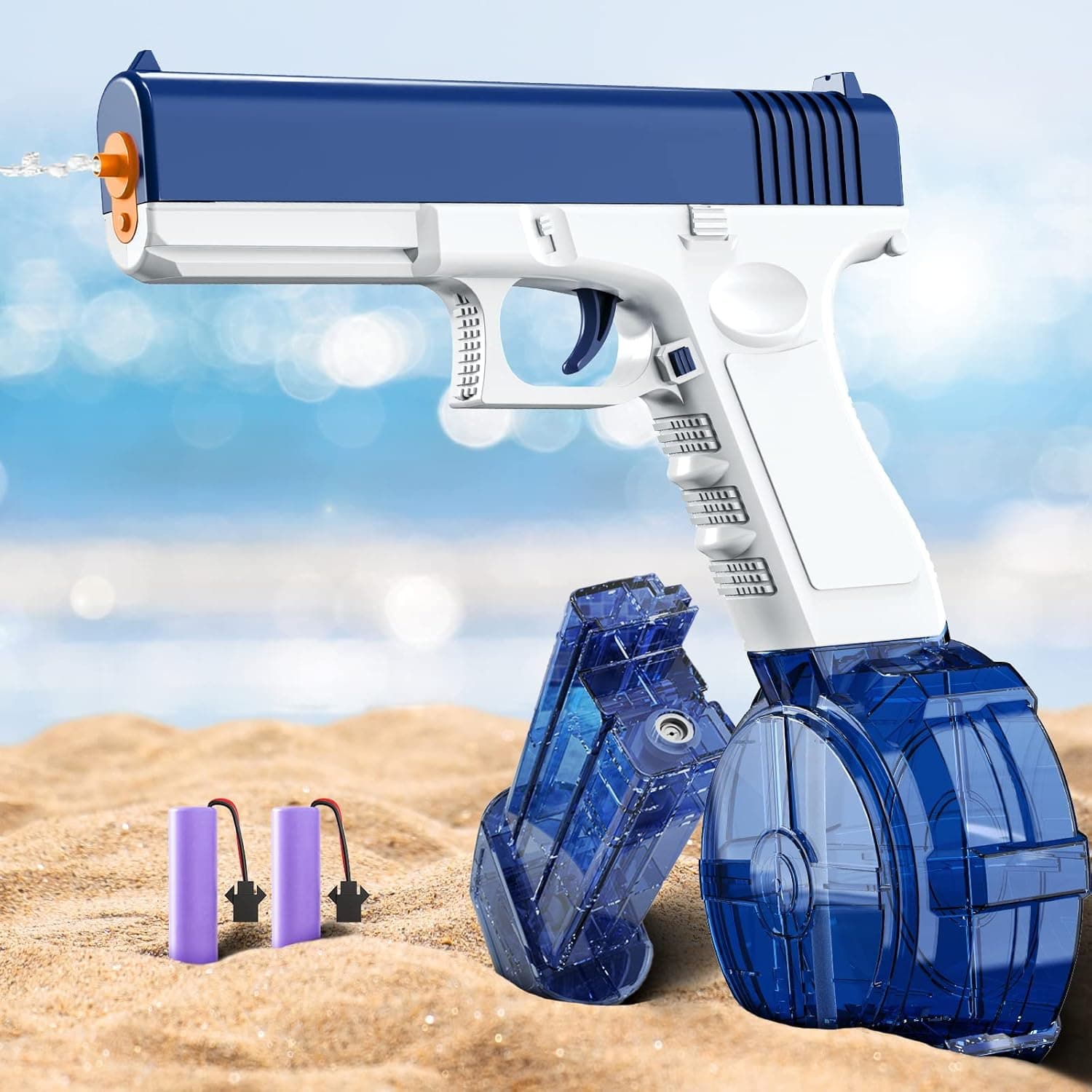 Electric Water Gun (2 Water Clips : 434CC+58CC, 2 Batteries, Blue), One-Button Automatic Squirt Gun, 32FT Range for Adults & Kids, Summer Swimming Pool Beach Outdoor Party Toy Water Blaster Gun