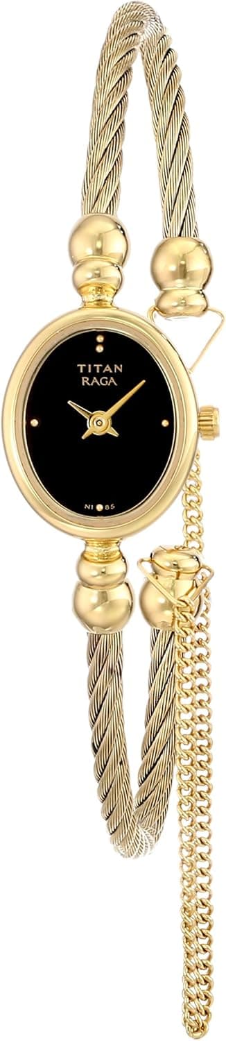 Titan Raga Women’s Bangle Watch | Quartz, Water Resistant | Gold Band and Black Dial
