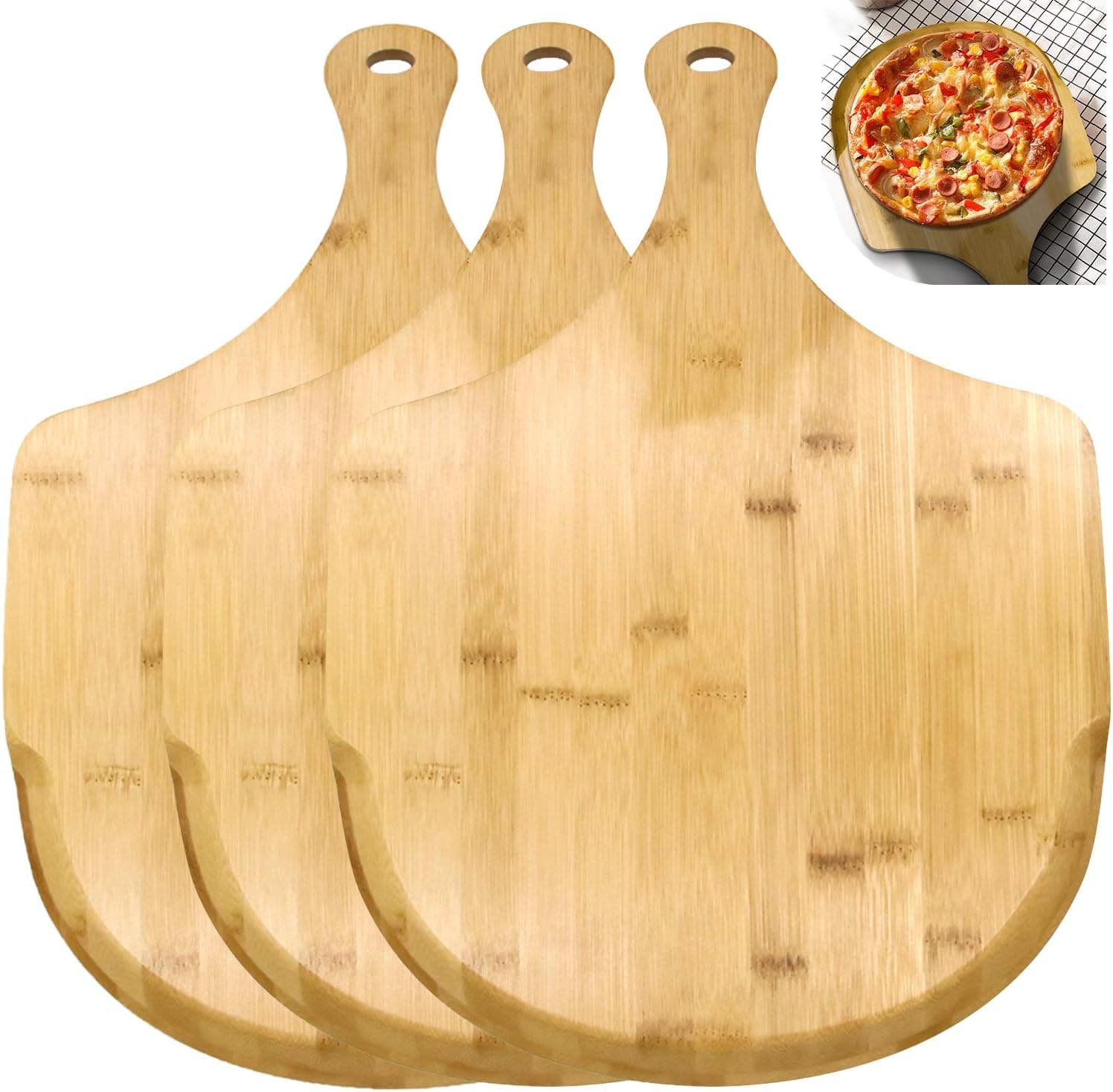 ZOENHOU 3 PCS 17 x 12 Inch Bamboo Pizza Peel, Pizza Board with Handle, Bamboo Cutting Board for Homemade Pizza Cheese Fruits Cake