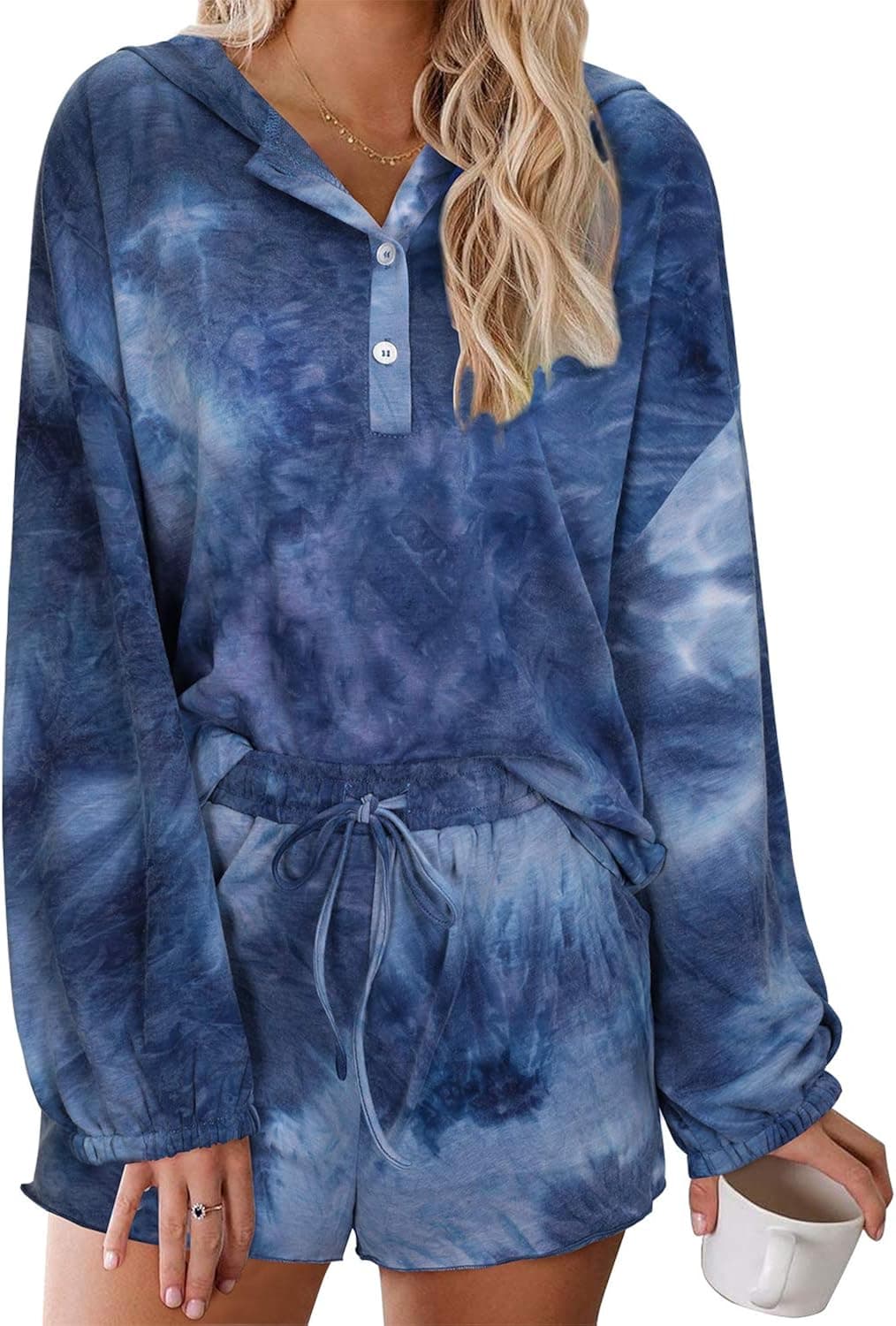 GOOTUCH Womens Tie Dye Pajamas Set Sleepwear Loungewear Long Sleeve Tops Shirts Button Down Hoodies Elastic Drawstring Shorts