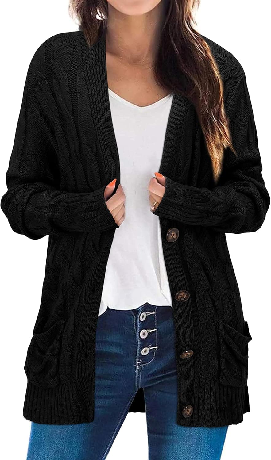 II ININ Women's Cable Knit Open Front Cardigan with Pockets Long Sleeve Button Down Sweater Outerwear Coat