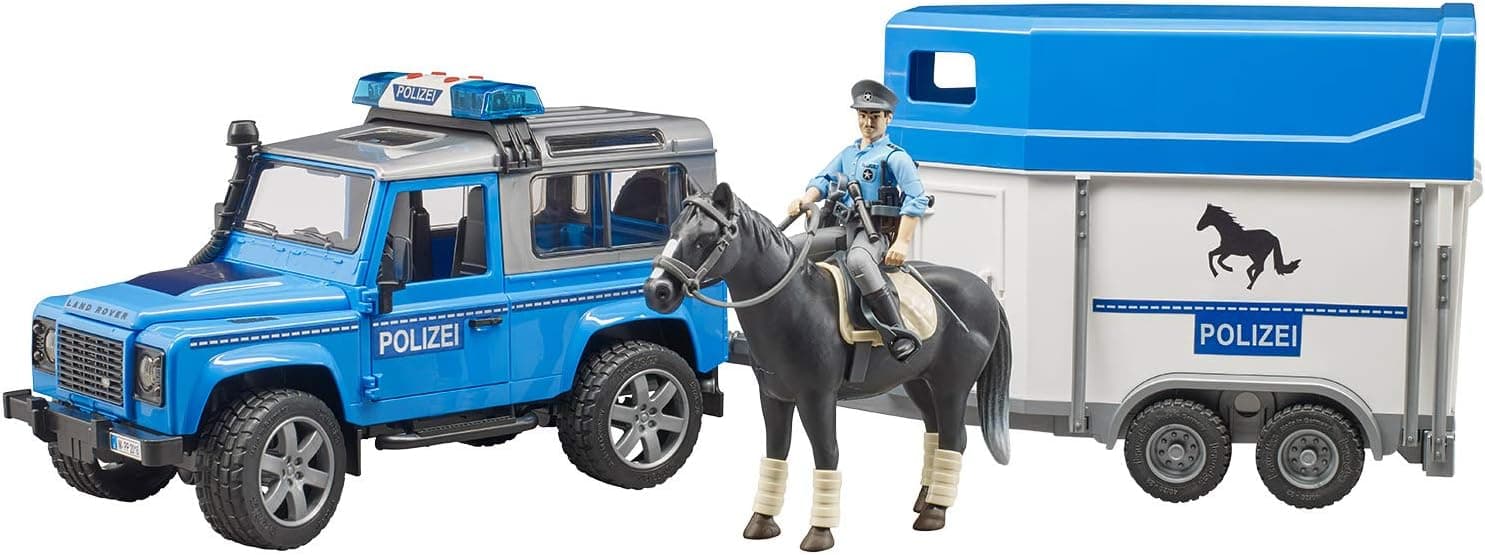 Bruder 02588 Land Rover Police Vehicle w Horse Trailer, Horse and Policeman, L&S Module