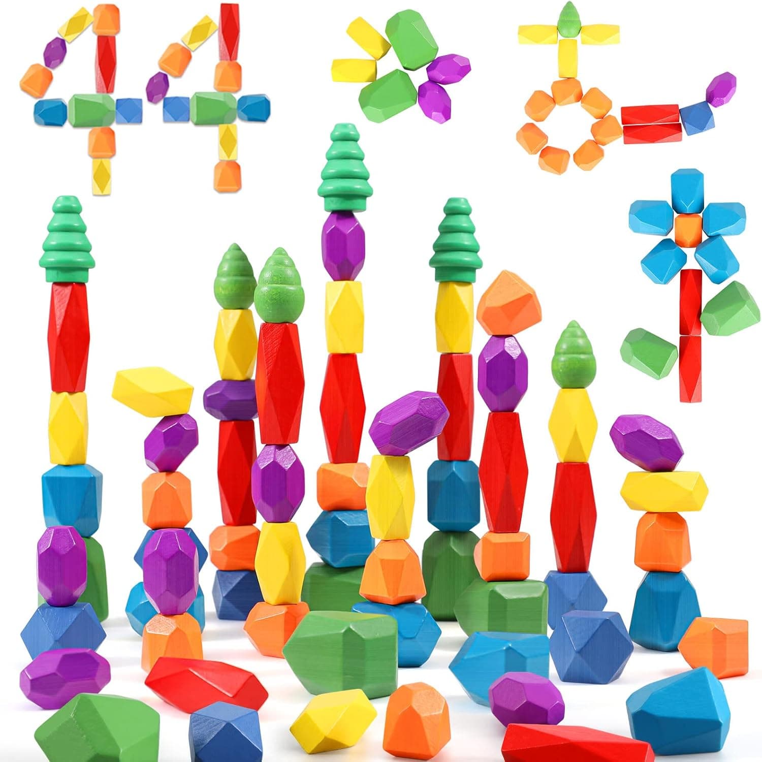 44PCS Sensory Toddler Wooden Stacking Rocks Toys for Boys & Girls Ages 3+ Year Old Building Blocks Montessori Preschool Educational STEM Toys for Kids Birthday Gifts Safe Creativity Rainbow Stones