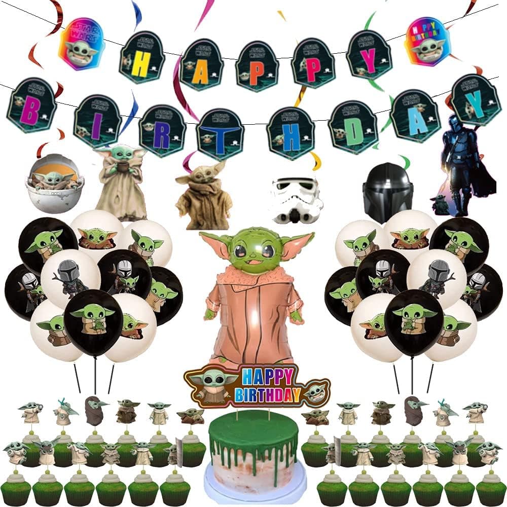 VWORK Baby Yoda Birthday Party Decorations, Star Wars Child Birthday Party Supplies, Include Banner, Balloons, Hanging Swirls, Toppers, Great for Children, Teens Birthday Party