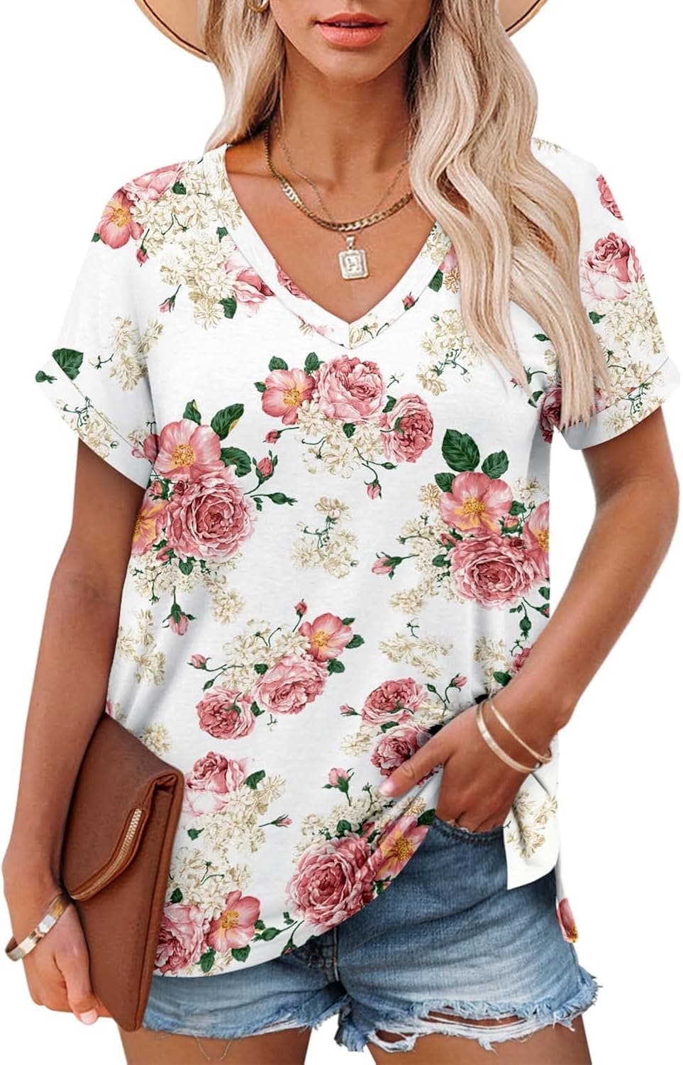 Angerella Summer Tops for Women Casual V Neck T Shirts Short Sleeve Tunic Tops Loose Fit
