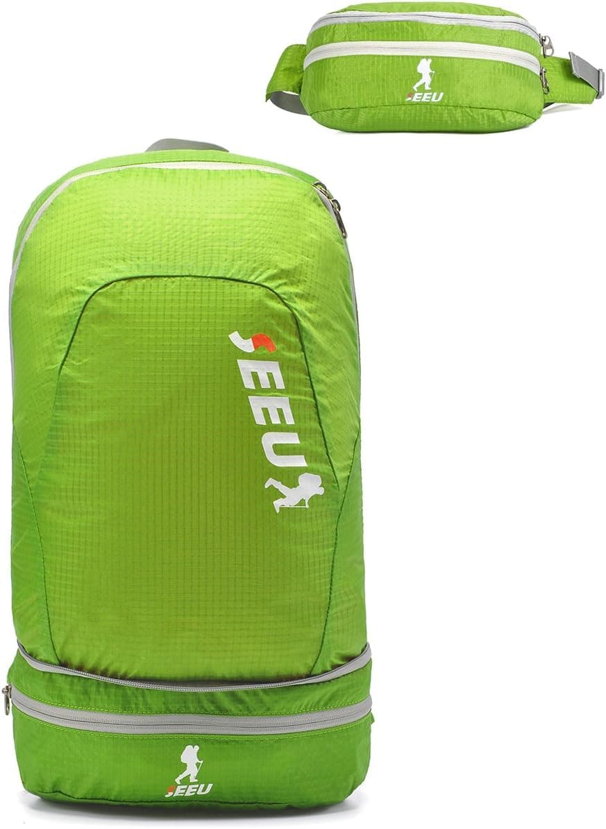 2-in-1 Lightweight Sports Backpack, 20L Packable Durable Daypack Waist Bag-Green