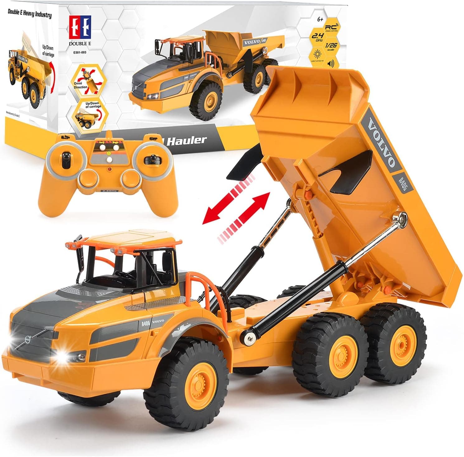 DOUBLE E Volvo RC Truck Dump Truck RC Articulated Hauler with Rechargeable Battery 20 Min Play Time RC Toy Construction Truck for All Adults & Kids, Yellow