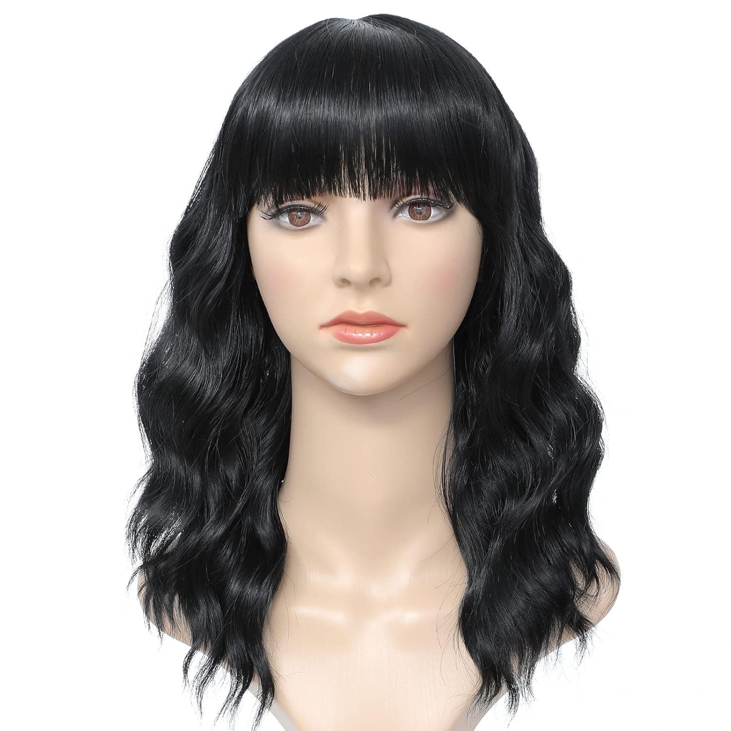 SLAHONCY Short Wavy Wig with Bangs Curly Shoulder Length Black Bob Wigs Heat Resistant Synthetic Natural Looking Loose Wave Wig for Women Daily Party Cosplay Wear