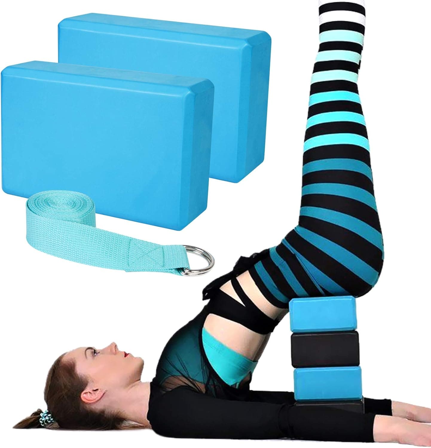 Yoga Blocks and Straps Set, Blue Yoga Blocks 2 Pack High Density Soft EVA Foam for Home Exercise Pilates, Yoga, General Fitness, Stretching and Toning Workouts