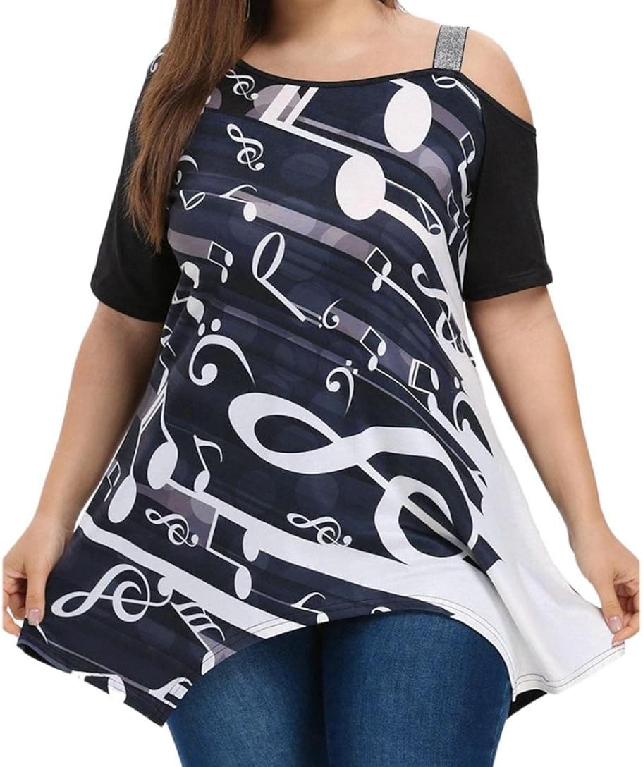 NREALY Women Ladies Plus Size Music Note Print Short Sleeve Blouse Pullover Tops Shirt Black