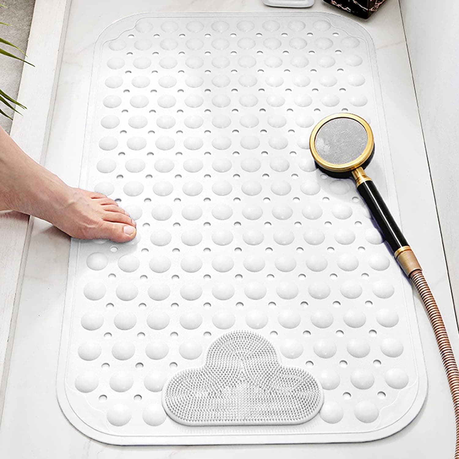MOWOT Non Slip Bathtub Mat with Foot Scrubber 31.5 x 20 Large Shower Mat for Foot Massage TPE No Toxic Shower Floor Mat with Suction Cups Drain Holes Machine Washable - White