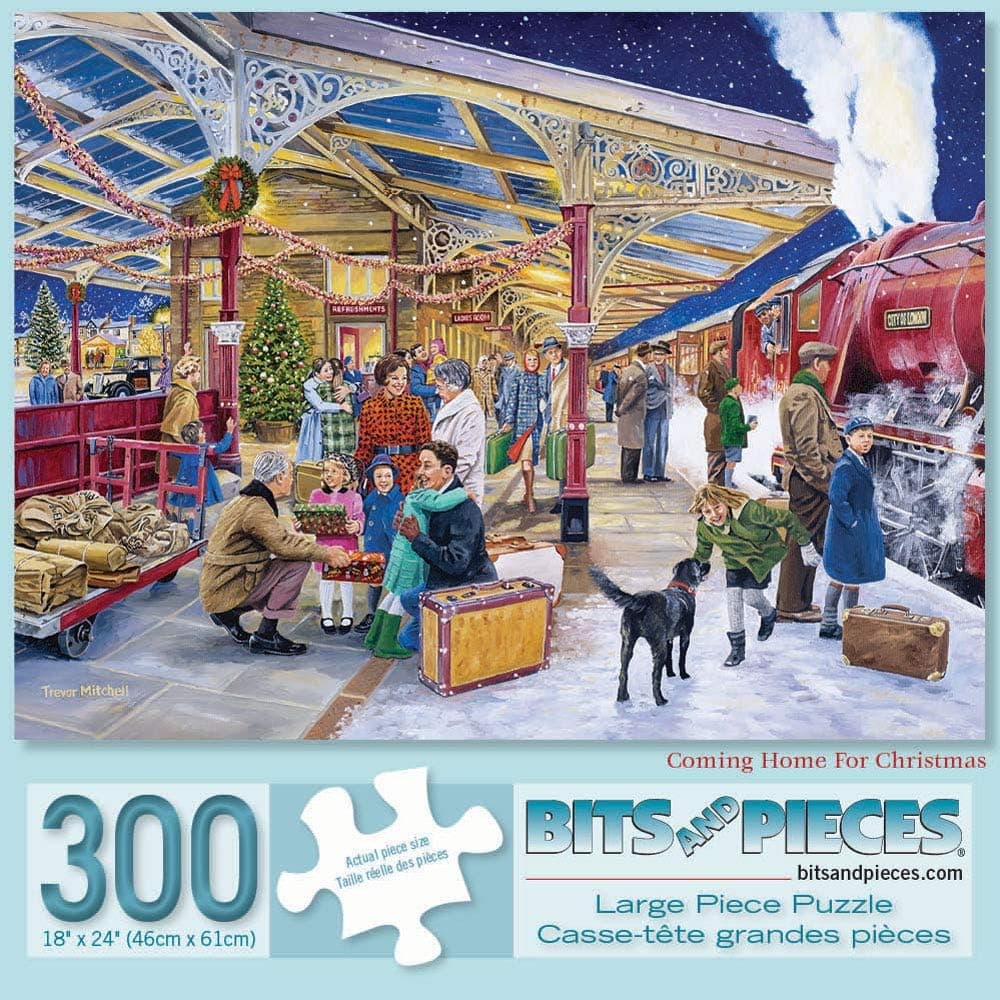 Bits and Pieces - 300 Piece Jigsaw Puzzle for Adults 18" x 24" - Coming Home for Christmas - 300 pc Holiday Travel Steam Train Family Classic Train Station Jigsaw by Artist Trevor Mitchell