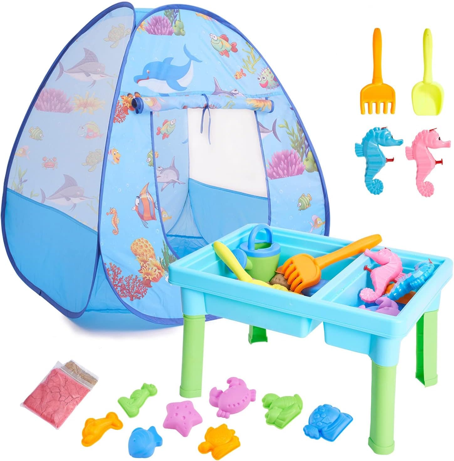 TuKIIE Sand & Water Table with Pop Up Tent, Summer Beach Toys Sandbox for Toddlers Kids Children, 2 Lbs of Play Sand with Sea Animals Molds & Tools, 2 Seahorse Squirt Water Guns Toy