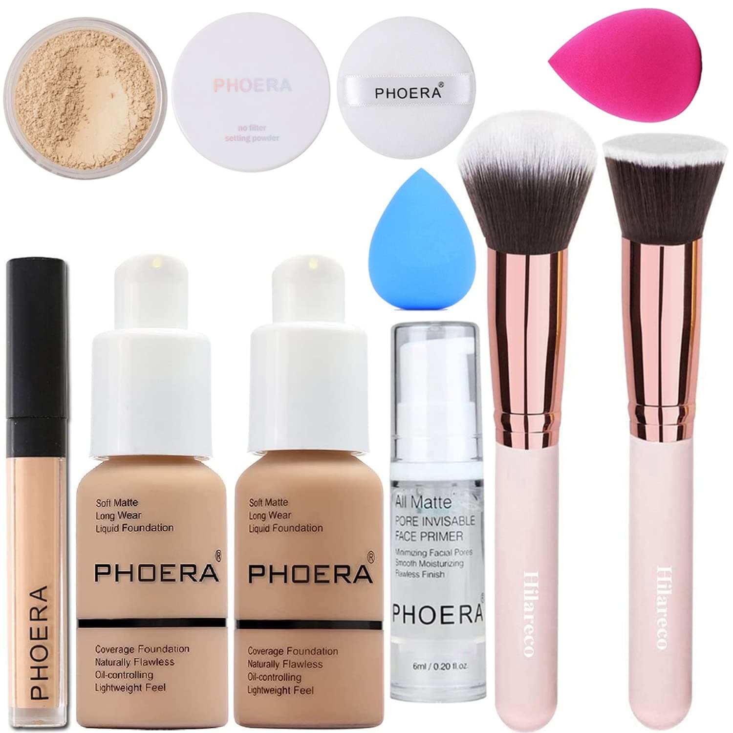 PHOERA Foundation,Full Coverage Foundation,PHOERA Primer,PHOERA Powder,PHOERA Concealer PHOERA Makeup Set, Kabuki Makeup Brushes Foundation Brush Powder Brush,2 Makeup Sponge (104 Buff Beige + 105 Sand)