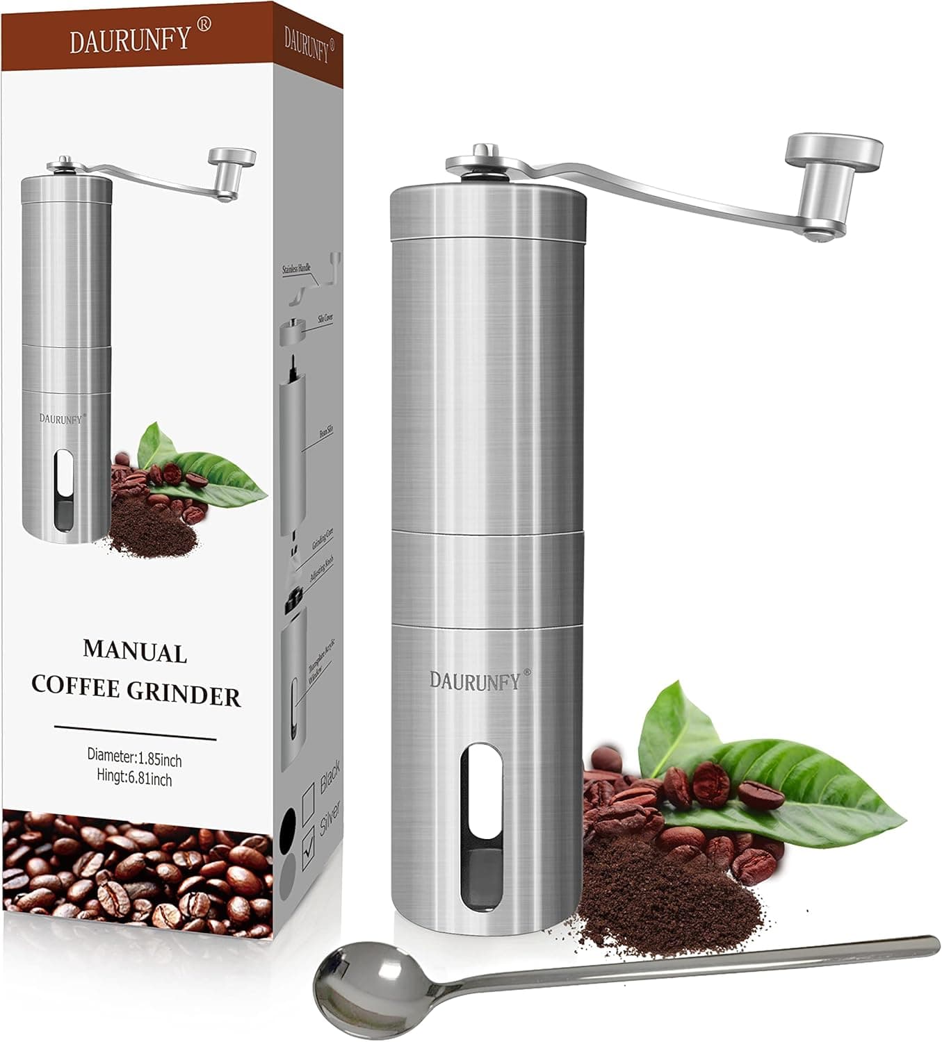 DAURUNFY Manual Coffee Grinder Portable Hand Coffee Bean Mill with Ceramic Adjustable Knob Setting Stainless Steel Coffee Grinder in Kitchen and Hiking (SILVER)