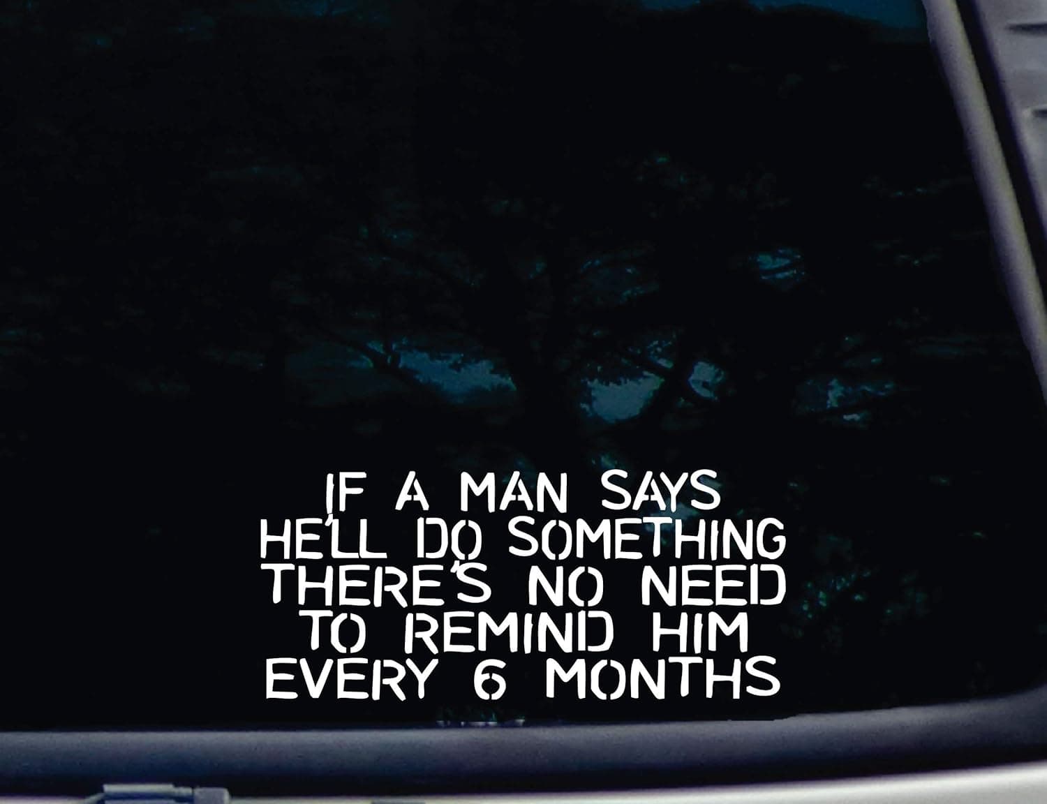 If a Man says He'll do something There's No Need to Remind Him EVERY 6 MONTHS - 8 1/2" x 3 3/4" die cut vinyl decal for window, car, truck, tool box, virtually any hard, smooth surface