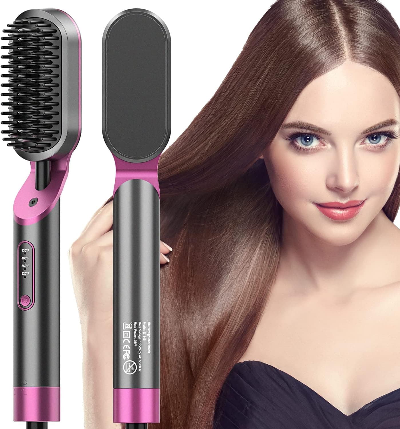KINGA PRO Hair Straightener Brush - 3 in 1 Enhanced Negative Ionic Straightening Brush with 4 Heat Levels Hair Brush Straightener for Frizz-Free Silky Hair