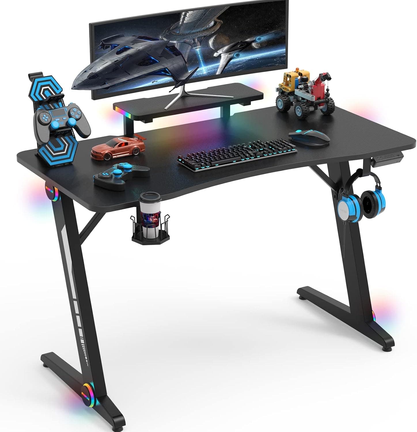 JOY worker RGB Gaming Desk 47 Inch with Led Lights, Music Sync Computer Gamer Desk, Carbon Fiber Surface PC Gaming Desk with Monitor Stand, Ergonomic Z Shaped Gaming Table with Plug Board Holder,Black
