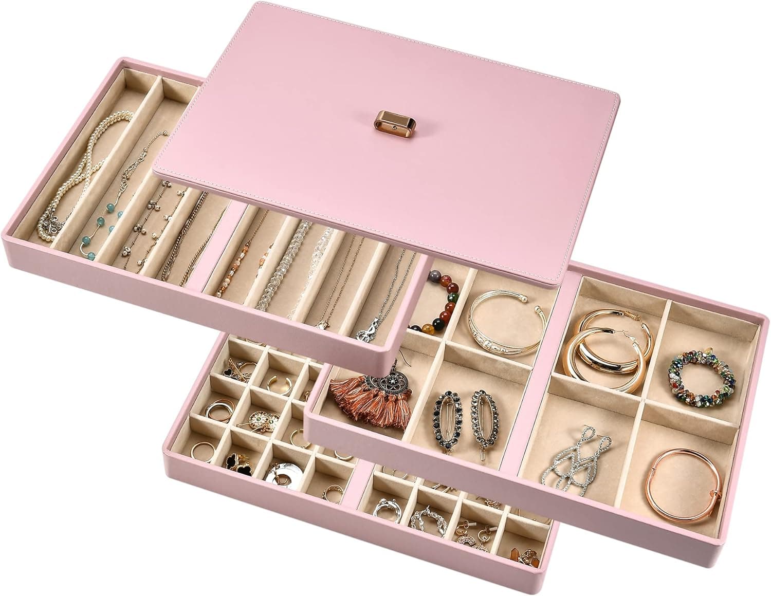 Shanik Stackable Large Jewelry Tray Organizers, 3 Pc. Set, Cute Designer Storage with Soft Velvet Surfaces to Protect Rings, Necklaces, Bands, and Earrings, Custom Display, Large Capacity, Pink