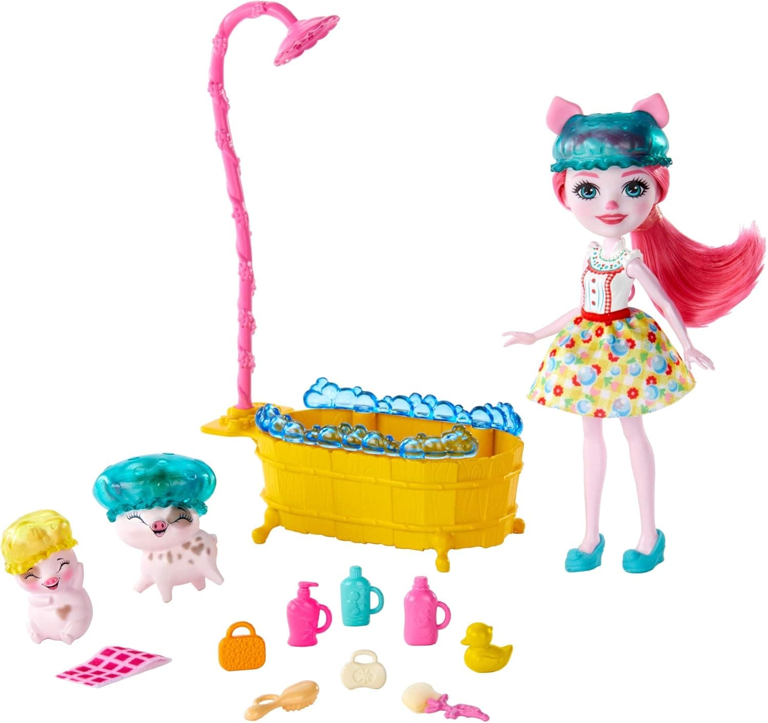 Mattel Enchantimals Bathtime Splash Playset with Petya Pig Doll (6-inch), 2 Pig Figures (1 with Color-Change Feature) and 11+ Accessories, Just Add Warm Water, Great Gift for 3 – 8 Year Olds