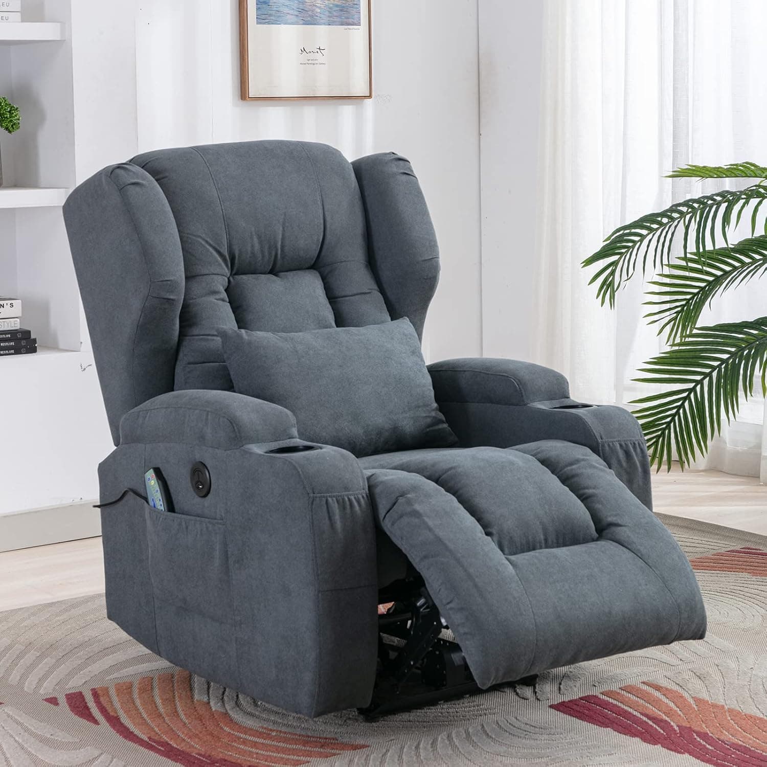 IPKIG Power Recliner Chair with Massage and Heat, Electric Wingback Recliner for Adults with Lumbar Pillow/USB Port/Side Pockets/Cup Holders/Linen Fabric, Home Theater Seating (Blue)