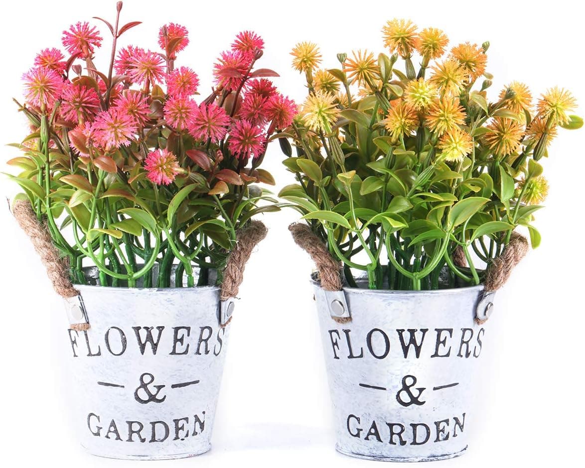 THE BLOOM TIMES Artificial Flowers Potted Small Fake Plants Plastic Floral Arrangements in Metal Pot for Home Farmhouse Office Table Top Centerpieces Counter Spring Decor Set of 2