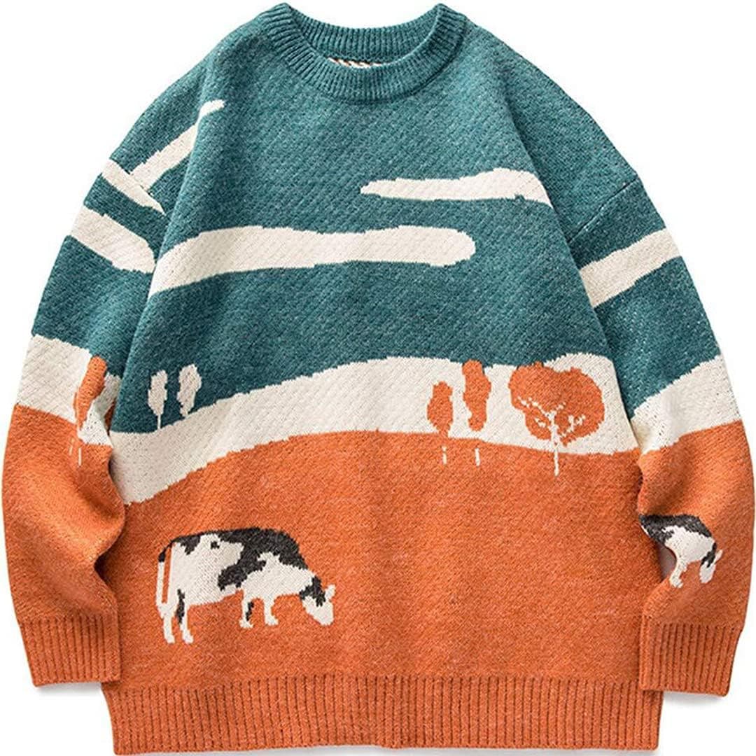 Vamtac Mens Grassland Cow Vintage Oversize Knitted Sweater Long Sleeve Round Neck Knitted Pullover Jumper